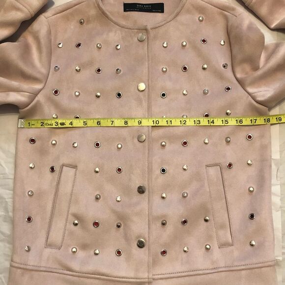 Zara Pastel Pink Faux Suede Studded Jacket Size S Collarless - Picture 11 of 14